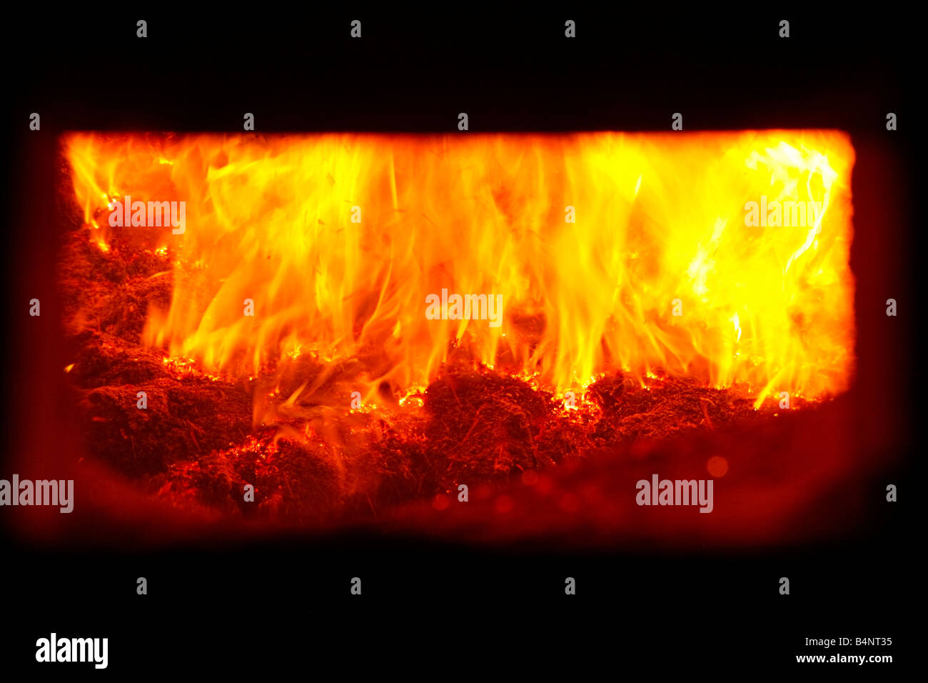Maderas ardiendo en el horno, ecológico, llamas, electricidad Foto de stock