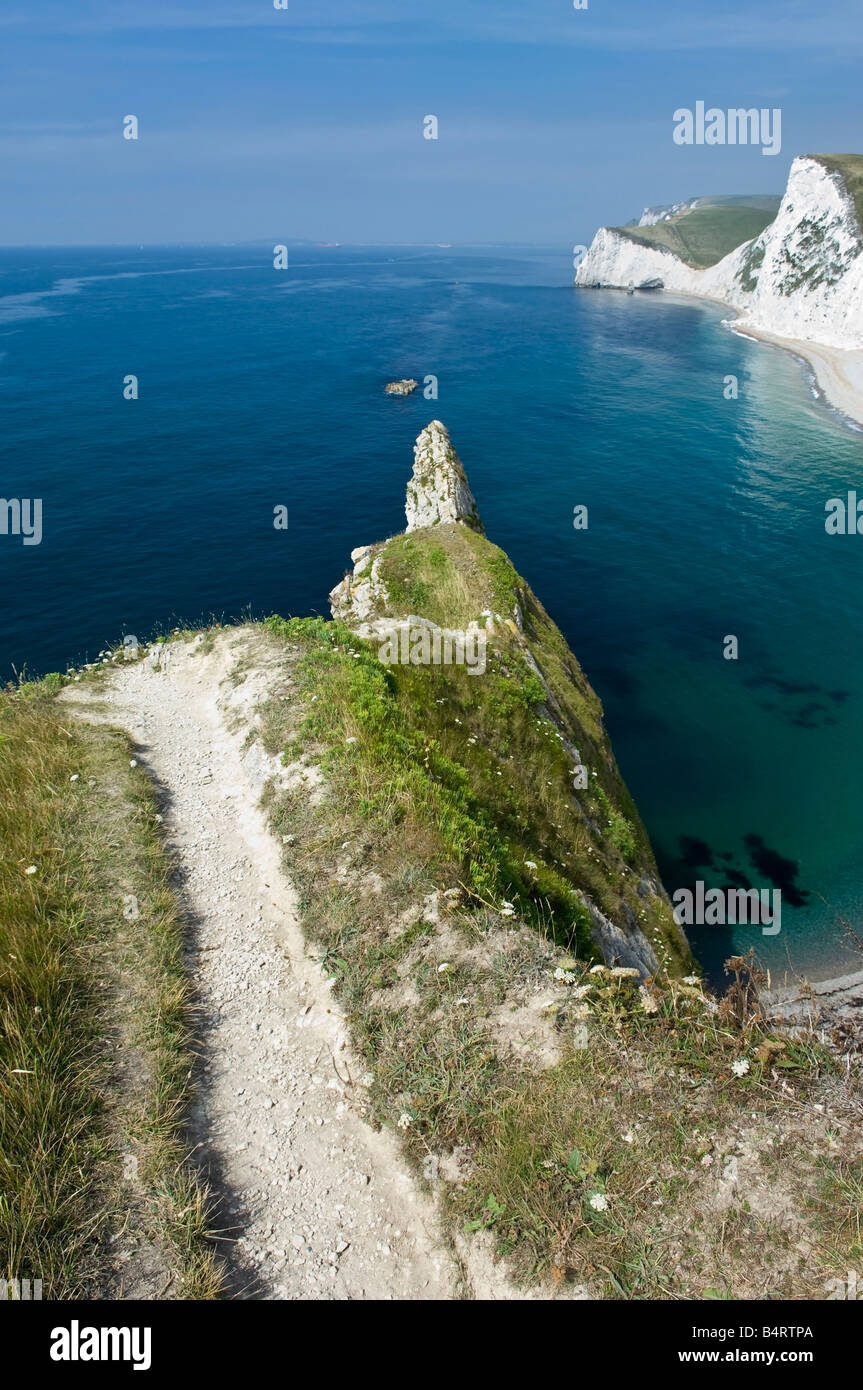 Acantilados de tiza Swyre Cabeza y cabeza de murciélago, visto desde la parte superior del arco de la puerta de Durdle Dorset, Inglaterra Foto de stock
