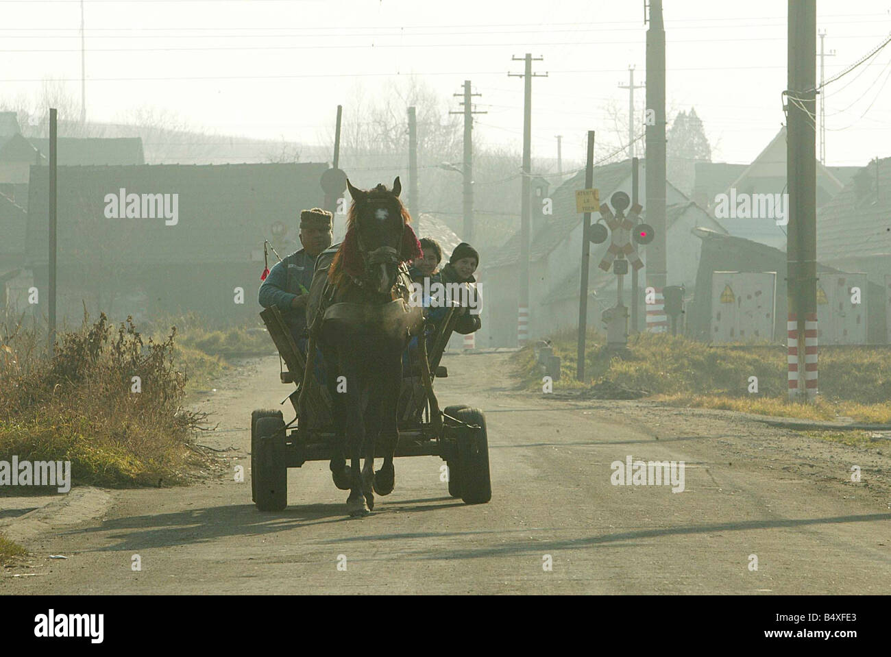 Copsa Mica Rumania en noviembre de 2006 un caballo y carro es impulsado por una calle de Copsa Mica lugar más contaminados de Europa Foto de stock