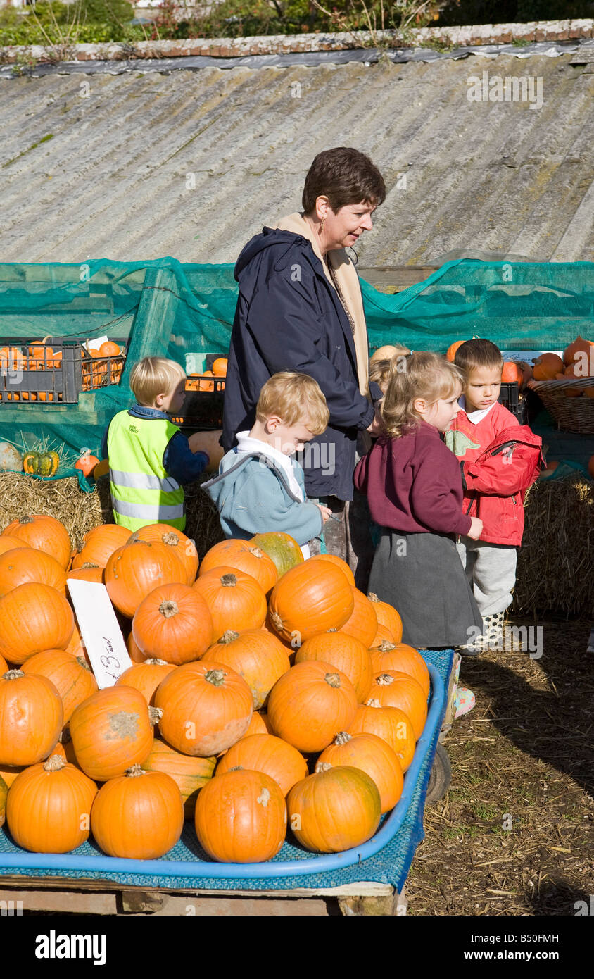 Niños eligiendo sus calabazas para Halloween, West Sussex, Reino Unido Foto de stock