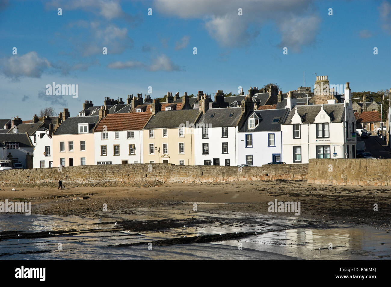 Casas junto a la playa cerca del puerto en Anstruther Fife Escocia en un soleado día de otoño Foto de stock
