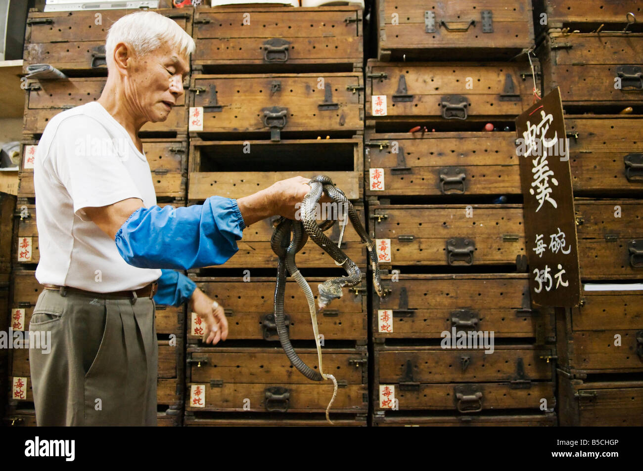 'Snakes y reptiles son mantenidos en estas cajas de madera tradicional en una tienda tradicional de serpiente en Hong Kong". Foto de stock