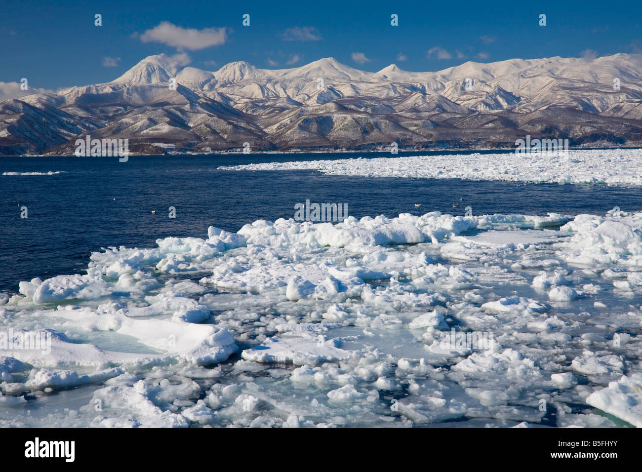 Hokkaido, Japón: témpanos de hielo en el Estrecho de Nemuro con los picos nevados de las montañas de la Península de Shiretoko en la distancia Foto de stock