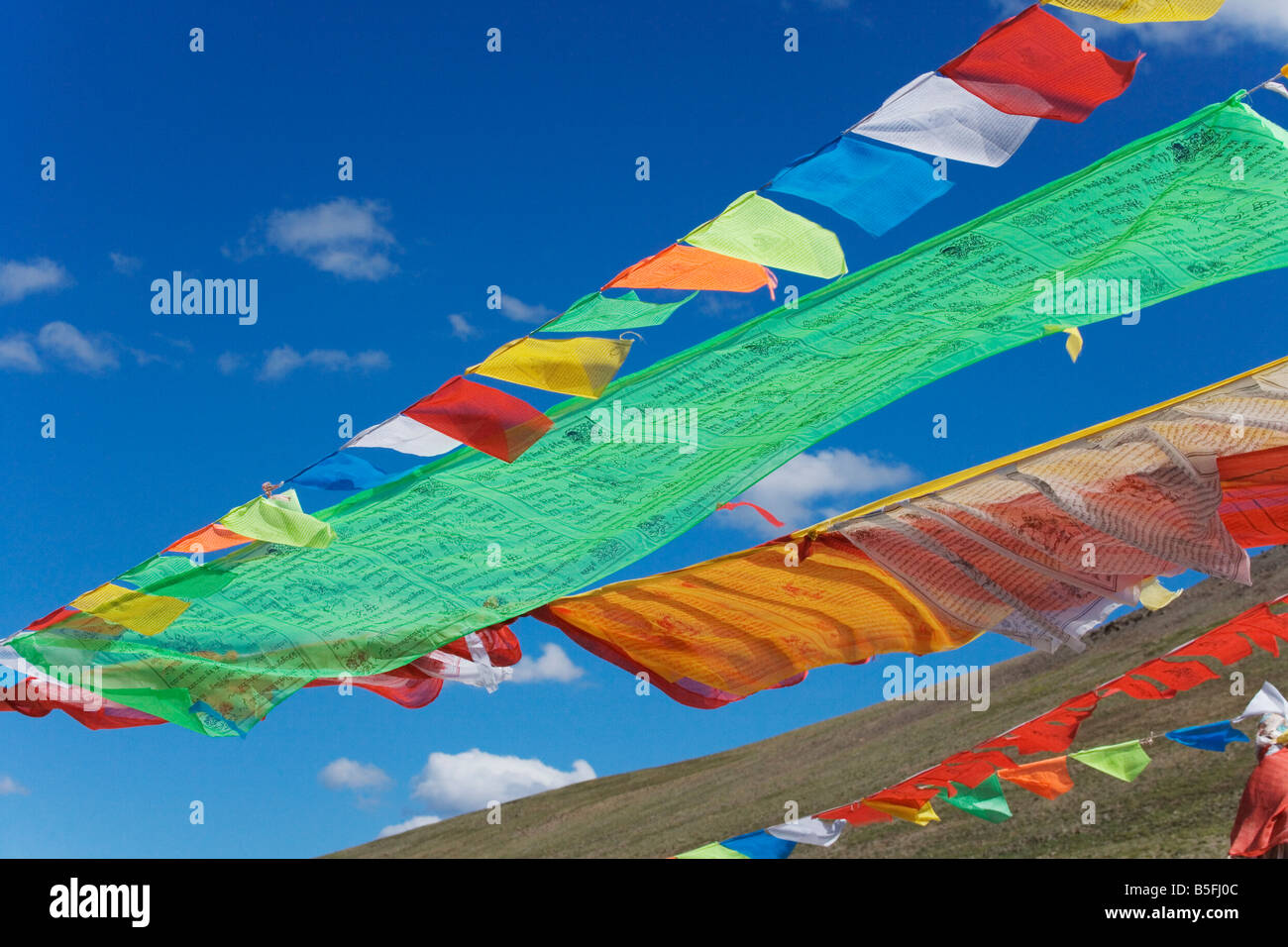 Orando banderas en la meseta de Qinghai la provincia de Qinghai, China Foto de stock