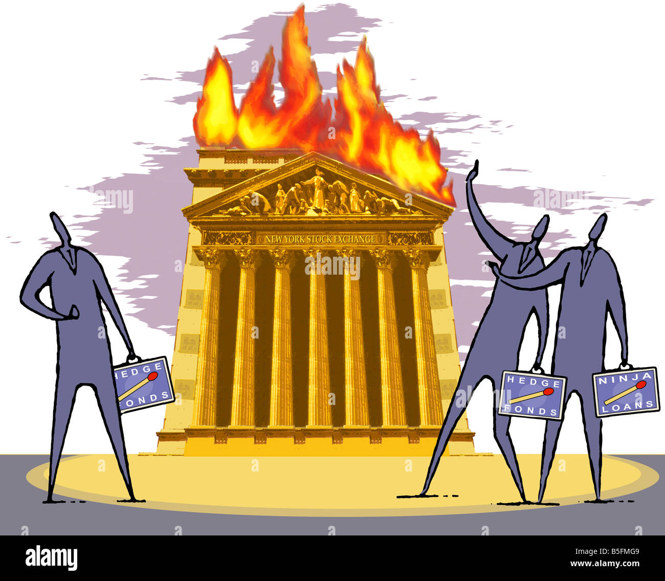 Ilustración, edificio de la Bolsa de Nueva York estalla en llamas,  corredores de bolsa observando la escena Fotografía de stock - Alamy