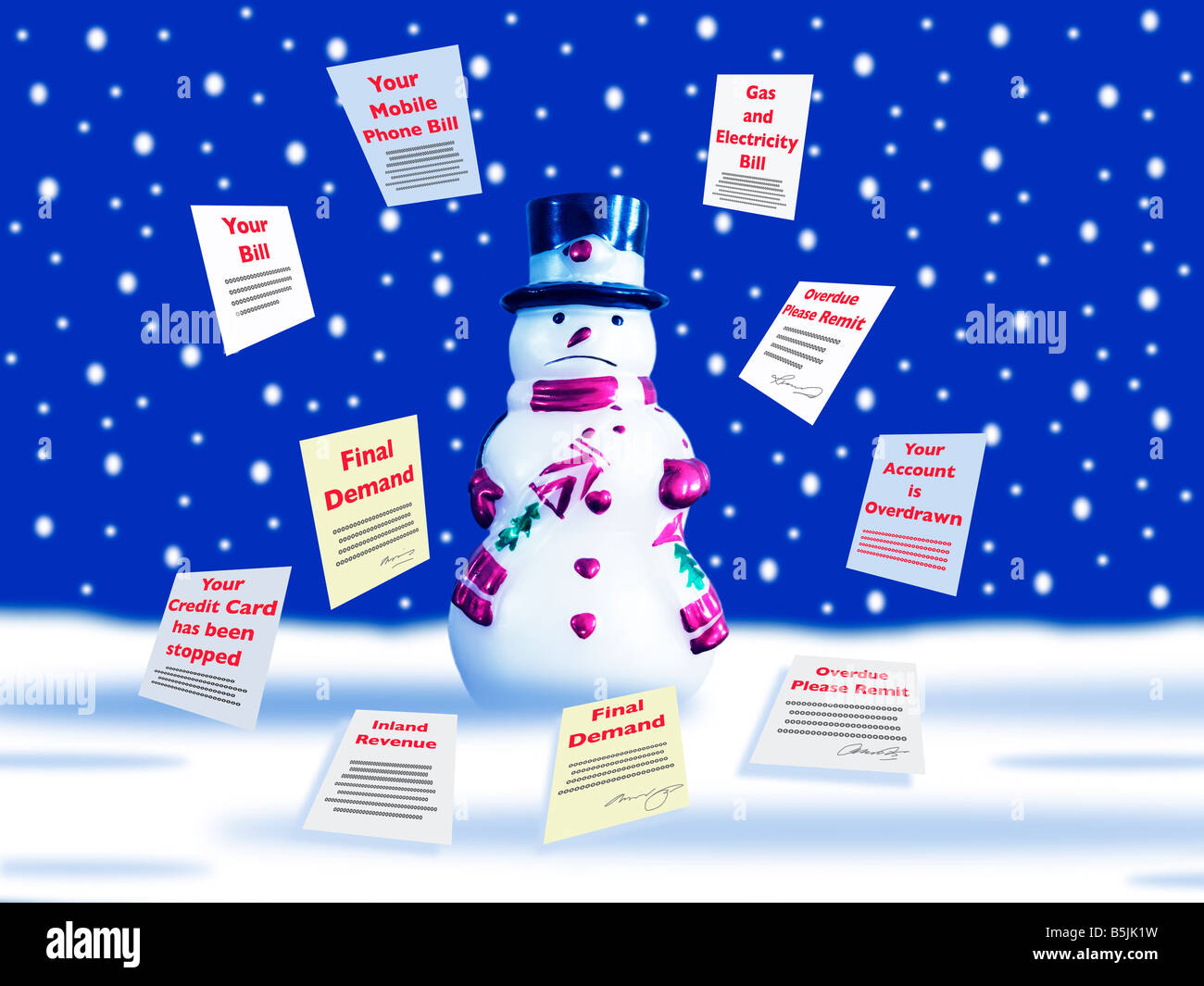 Snowman infeliz ante crisis crediticia Foto de stock