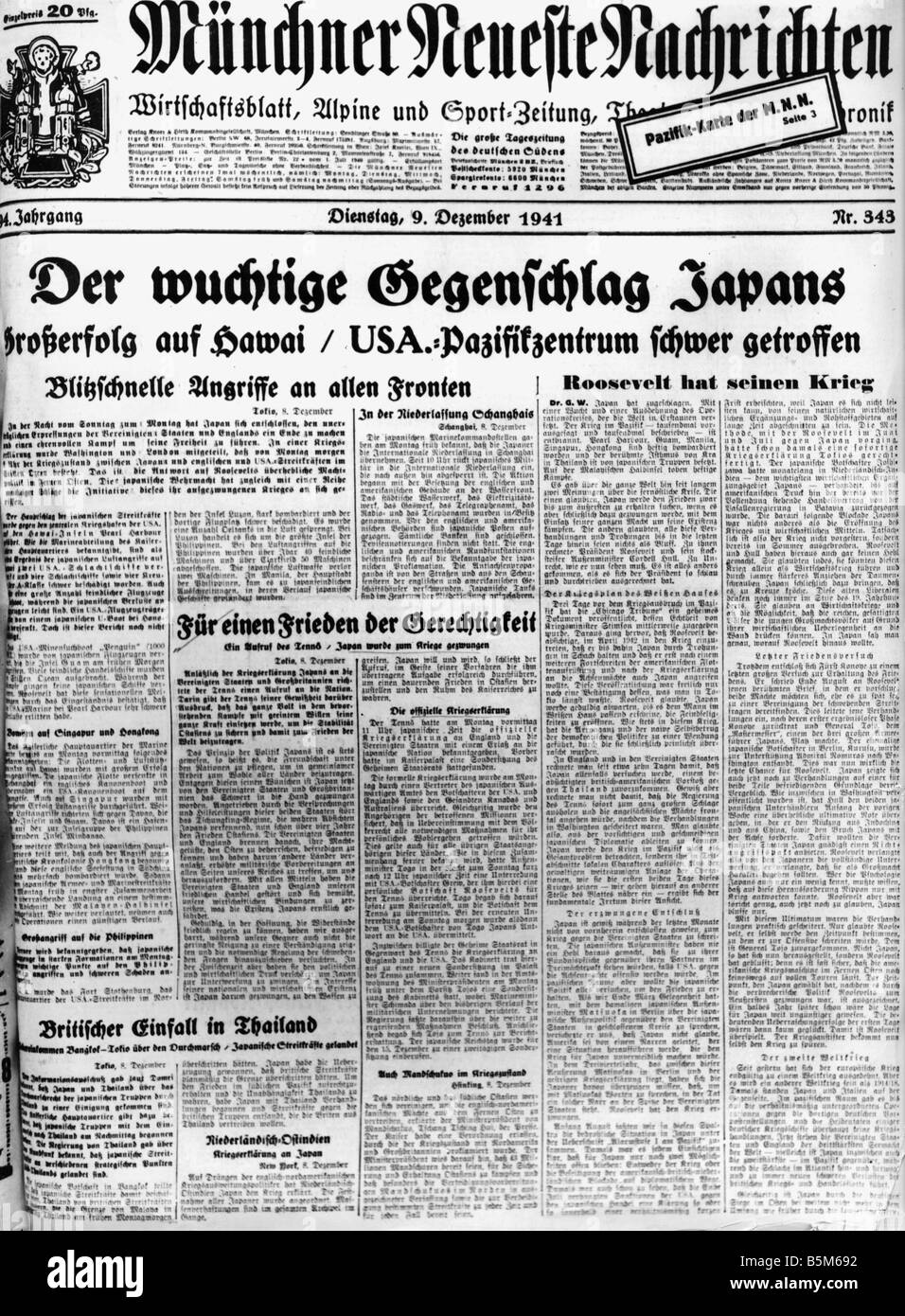 Eventos, Segunda Guerra Mundial / Segunda Guerra Mundial, Japón, prensa /  medios, periódico alemán Muenchner Neueste Nachrichten, título: 'La  poderosa contrahuelga de Japón',  Fotografía de stock - Alamy