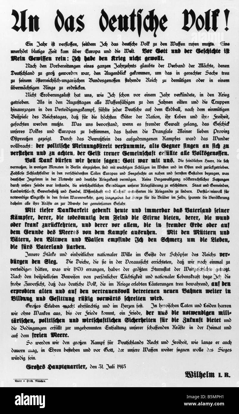 9 1915 7 31 E1 E Guerra Mundial 1 Guerra Mundial 1 llamamiento al pueblo alemán del káiser Wilhelm II, el 31 de julio de 1915 Foto de stock