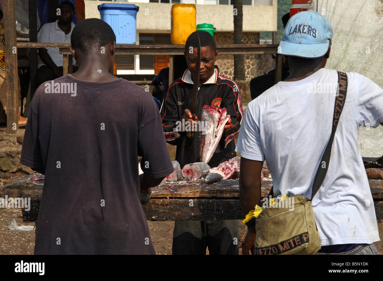 Los jóvenes pescadores escalado y corte de la captura de peces para la venta en Limbé Camerún África Occidental Foto de stock
