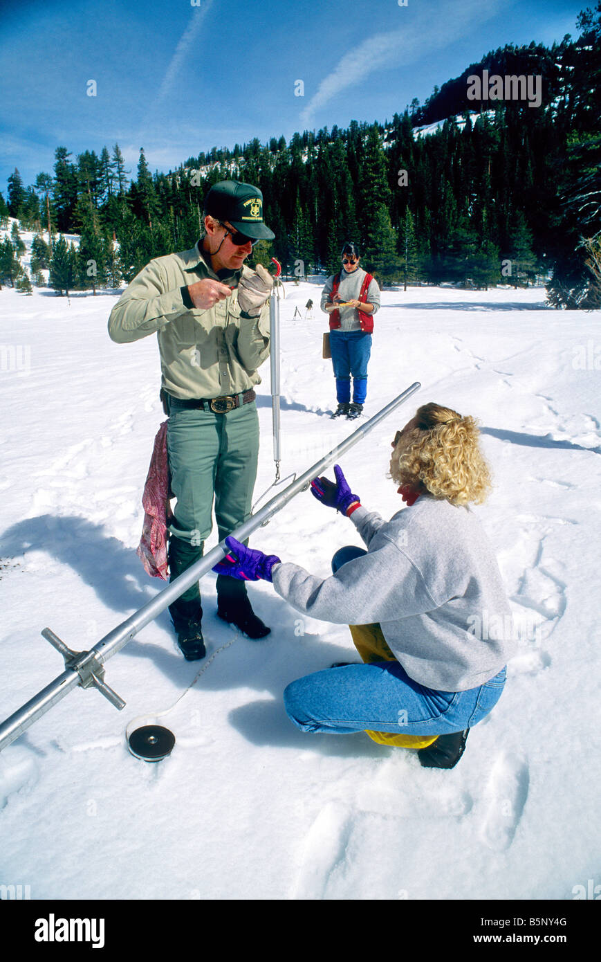 El Servicio Forestal de los Estados Unidos realizar estudio de nieve. Foto de stock