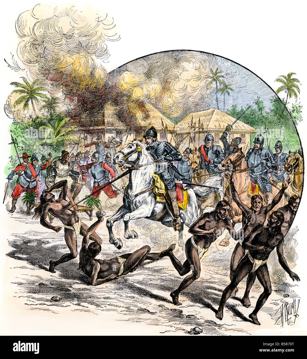 Muerte y captura españoles nativos después de la conquista del Nuevo Mundo por Colón. Xilografía coloreada a mano Foto de stock