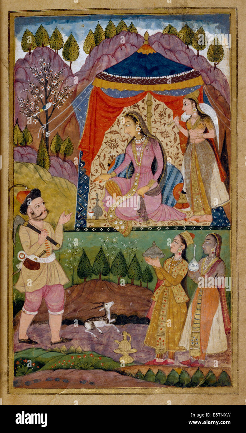 Farhad relata las aventuras de Shirin. Ilustración de libros islámicos. Khusrau Shirin de Nizami folio 138b fechada en el colofón 1135 Foto de stock