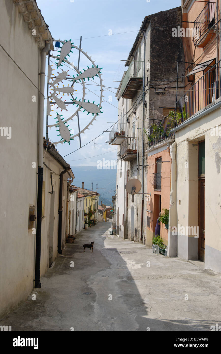 Las estrechas callejuelas de Calitri en el sur de Italia, con un pequeño perro mirando. Foto de stock