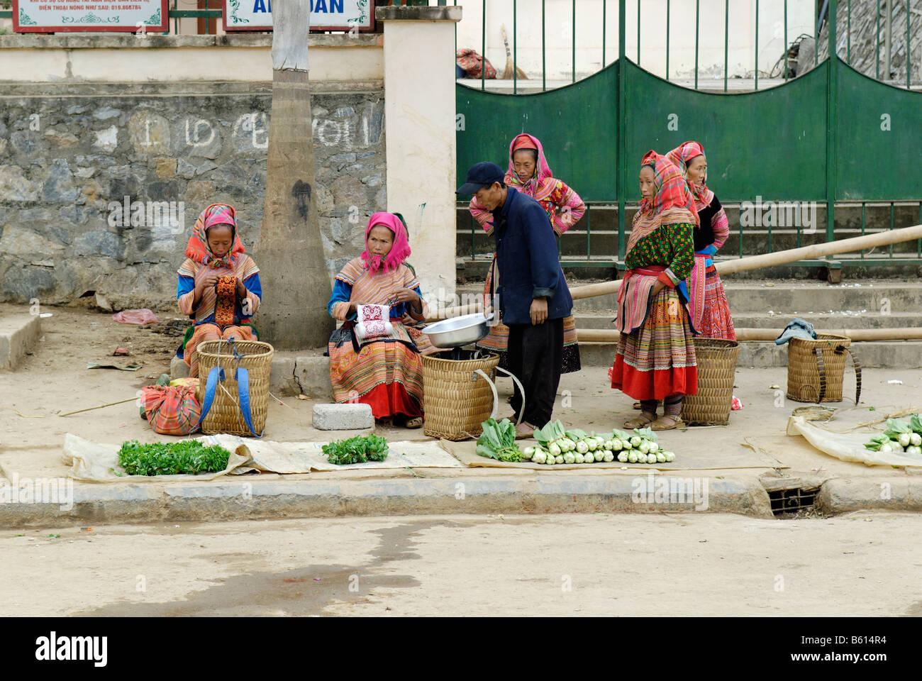 Las mujeres Hmong flor en un mercado, provincia de Ha Giang, Vietnam del Norte, Asia Foto de stock