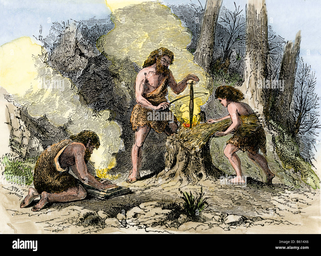 Los seres humanos descubrir cómo hacer fuego en tiempos prehistóricos. Xilografía coloreada a mano Foto de stock