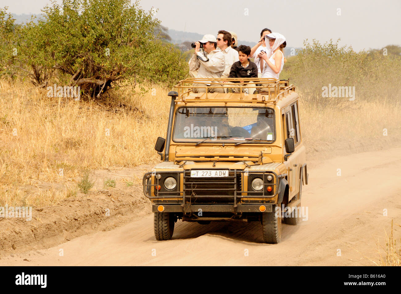 Los turistas de safari en un vehículo de tracción en las cuatro ruedas, Tarangire-National Park, Tanzania, África Foto de stock