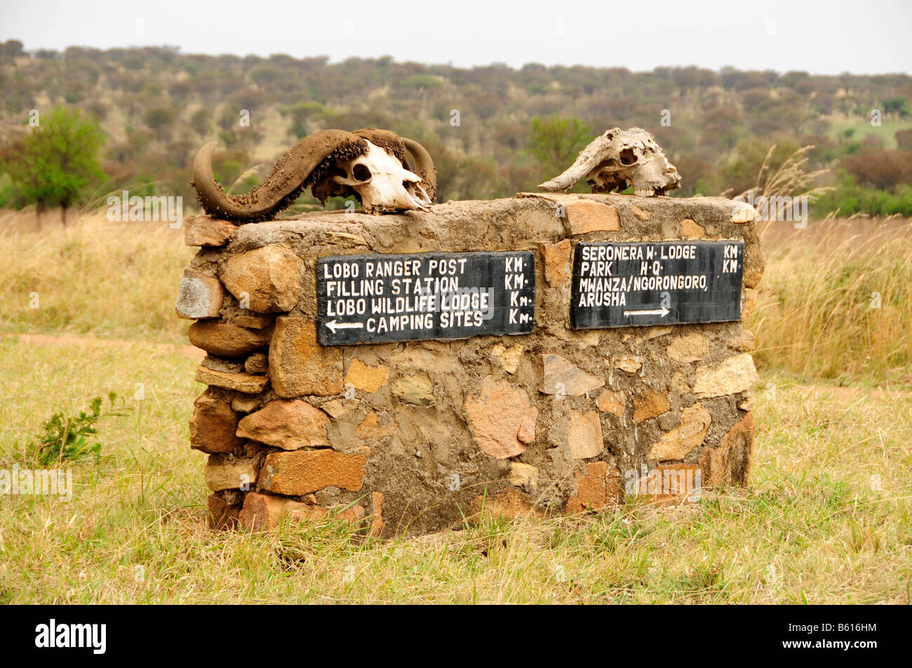 Signpost cerca del Lobo Wildlife Lodge, Parque Nacional de Serengueti, Tanzania, África Foto de stock
