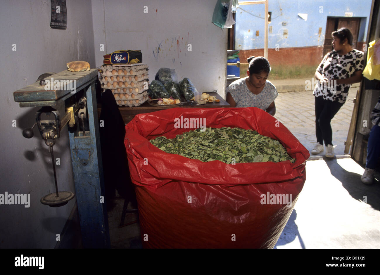 Pesado de las hojas de coca para uso tradicional en una tienda de