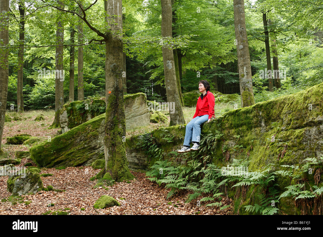 Una mujer sentada sobre una roca, Lange Steine, literalmente largas rocas, cerca de Rhoen Riedenburg, Montañas, Baja Franconia, Baviera, Alemania Foto de stock