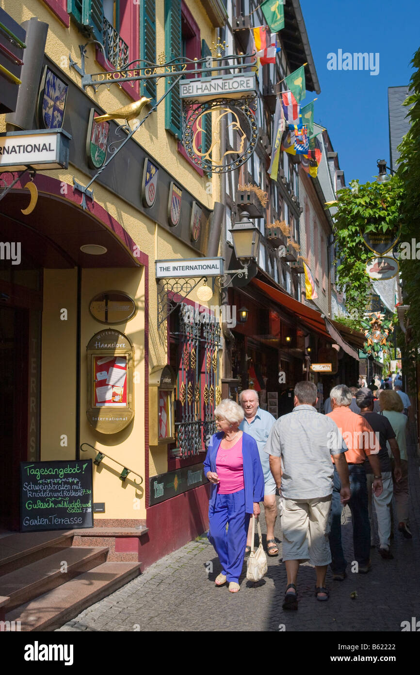 Drosselgasse, callejón atracción turística con restaurantes y tiendas de souvenirs, Ruedesheim, Hesse, el Rhinegau, Alemania, Europa Foto de stock
