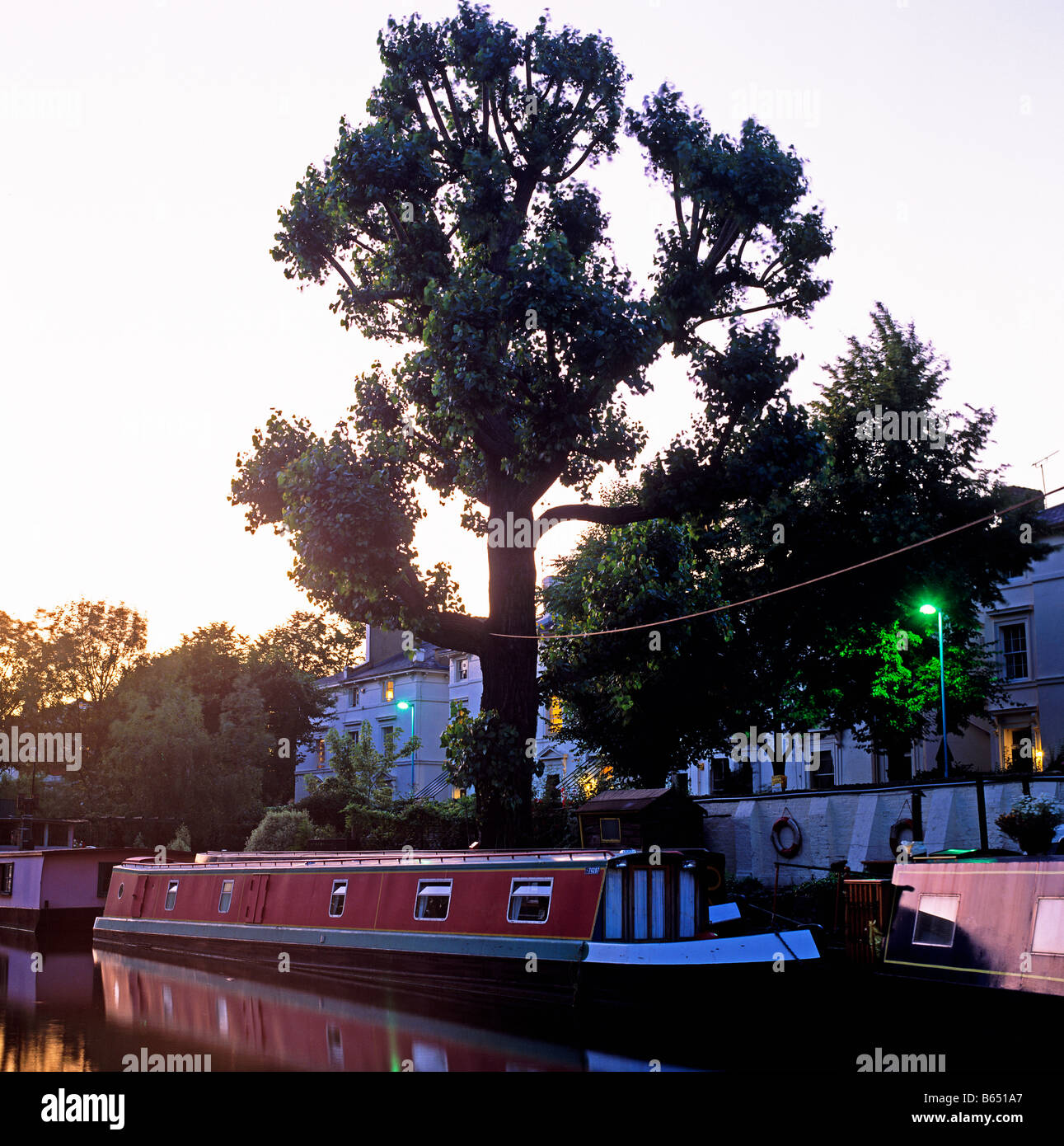 Las barcazas con un árbol al atardecer en la pequeña Venecia, Londres, Gran Bretaña. Foto de stock