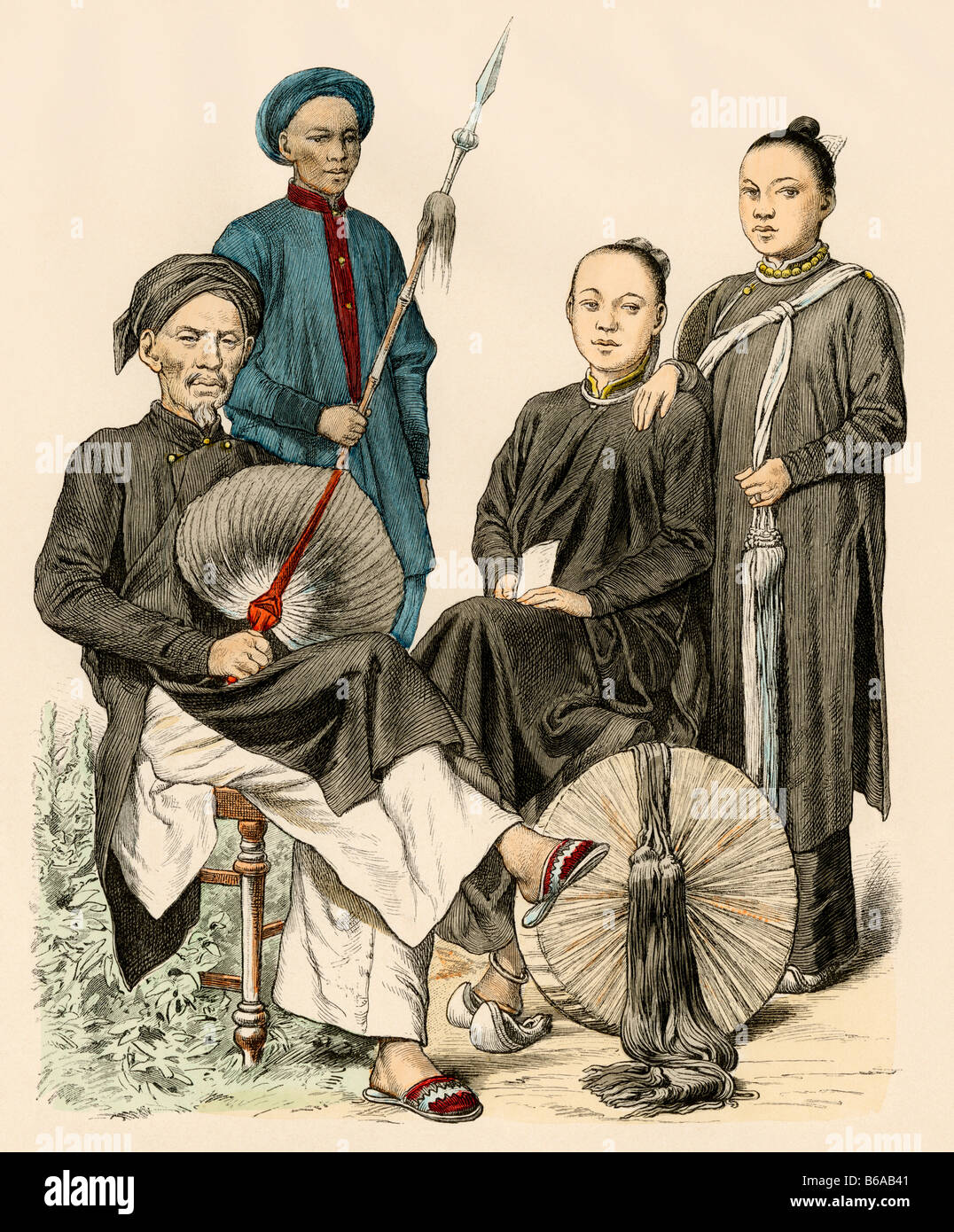 Hombres y mujeres de Annam en Indochina 1800. Mano de color imprimir Foto de stock