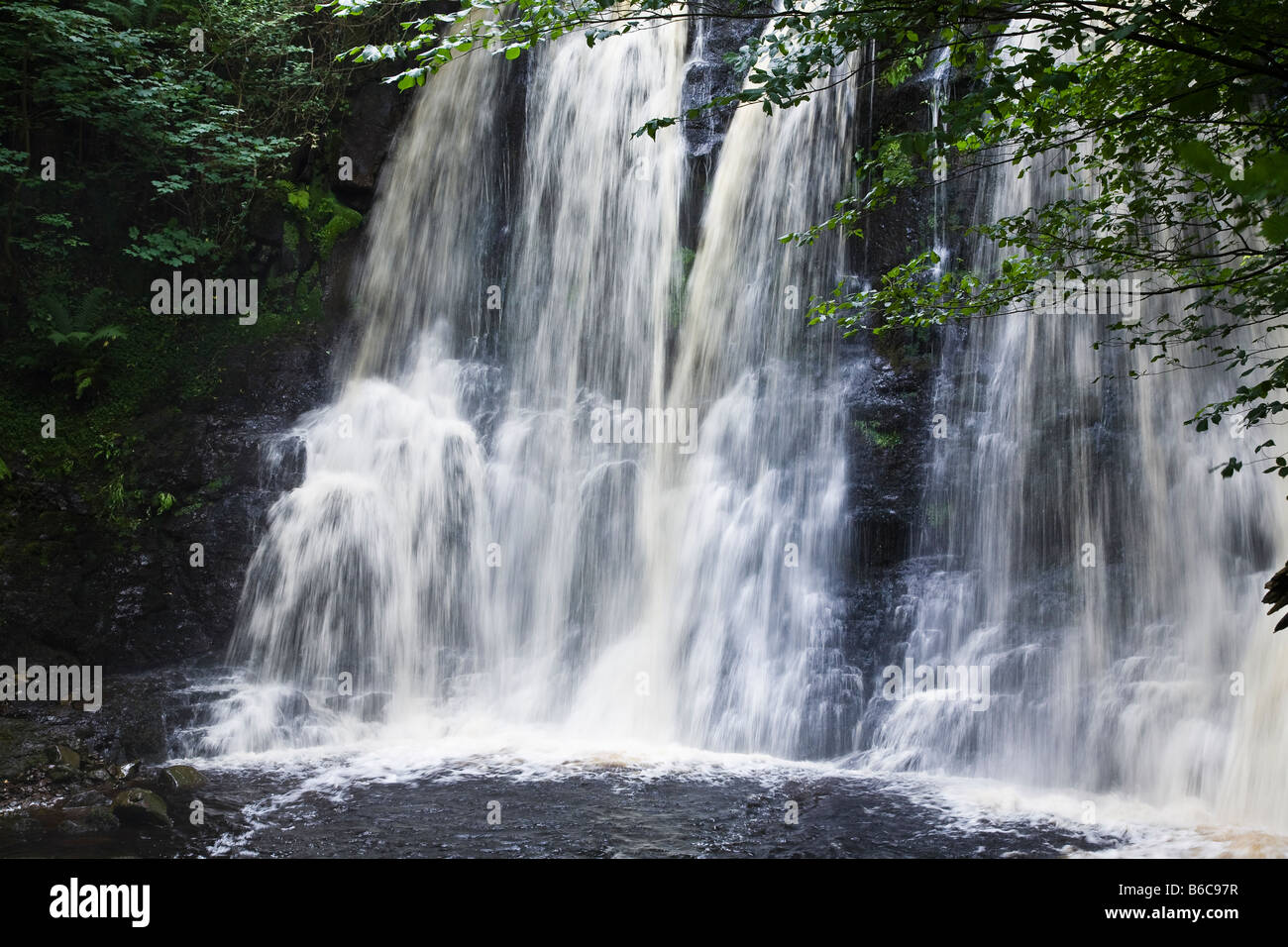 Ess na Crub Inver cascada en el río, Glenariff Forest Park, cañadas de Antrim, Condado de Antrim, Irlanda del Norte Foto de stock