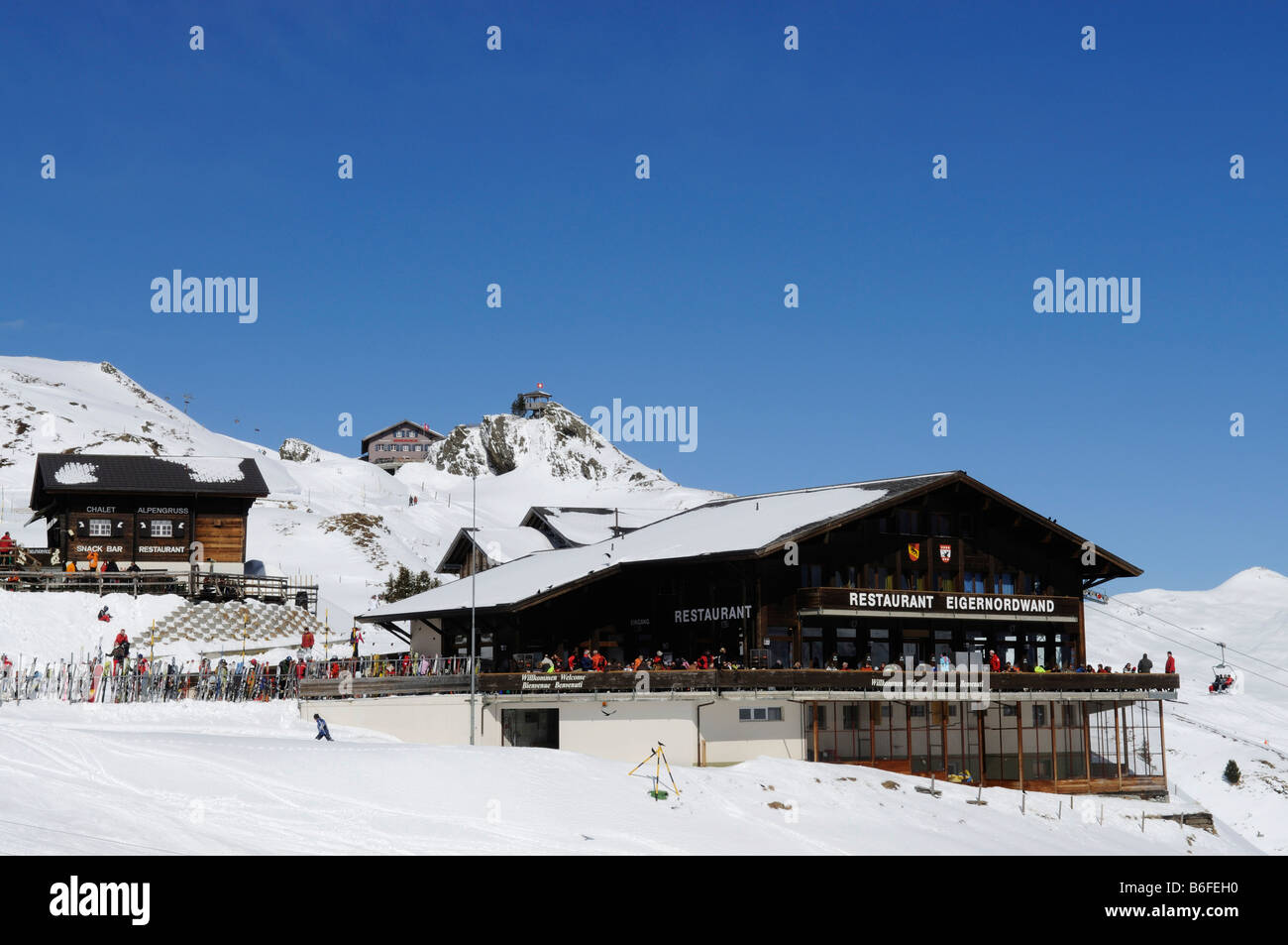 El restaurante Chalet Alpengruss Eiger-Nordwand, Kleine Scheidegg, montaña, Grindelwald, Alpes Berneses, Suiza, Europa Foto de stock