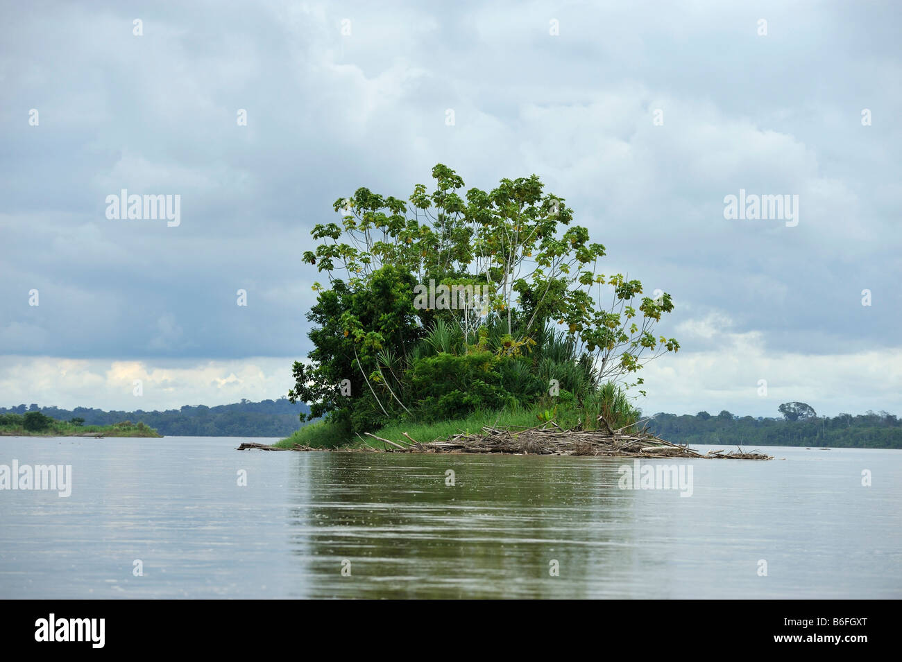 Isla en el río Napo río cerca de la ciudad de El Coca, Ecuador, Sudamérica Foto de stock