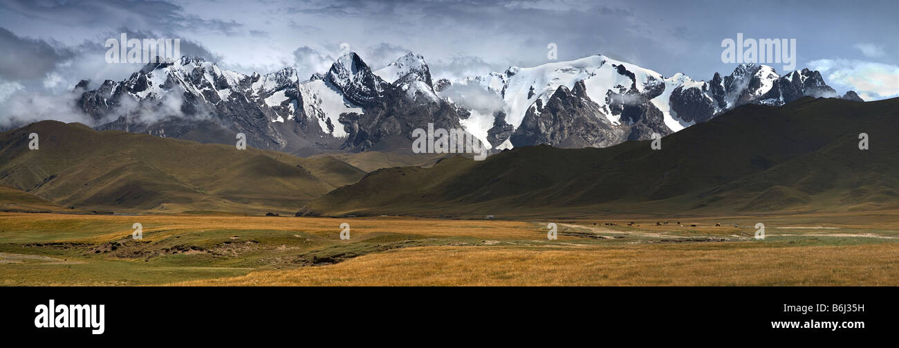 Landsacpe de Asia central, montañas, caballos Foto de stock