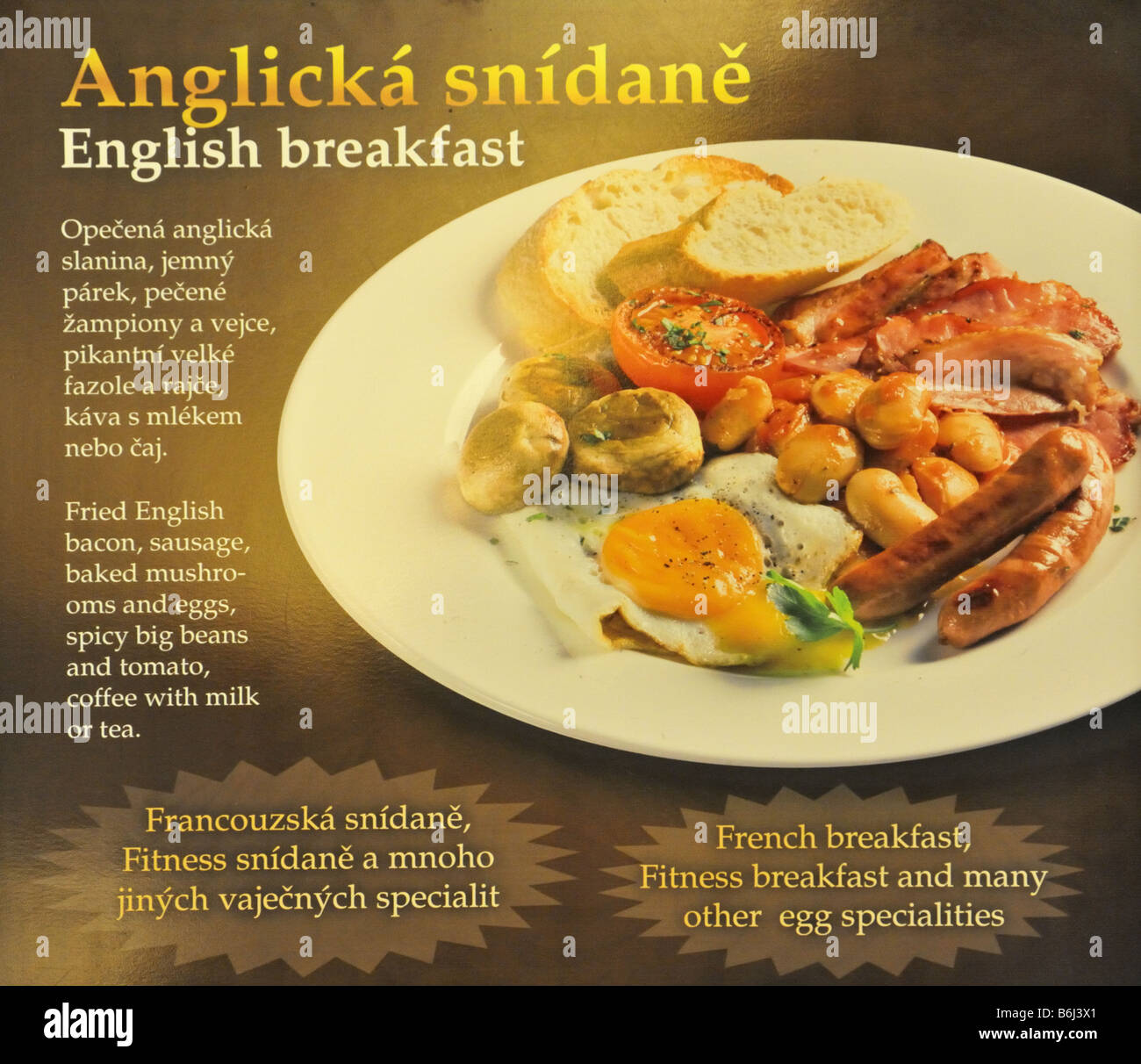 Menú de desayuno inglés escrito en checo y en inglés Fotografía de stock -  Alamy