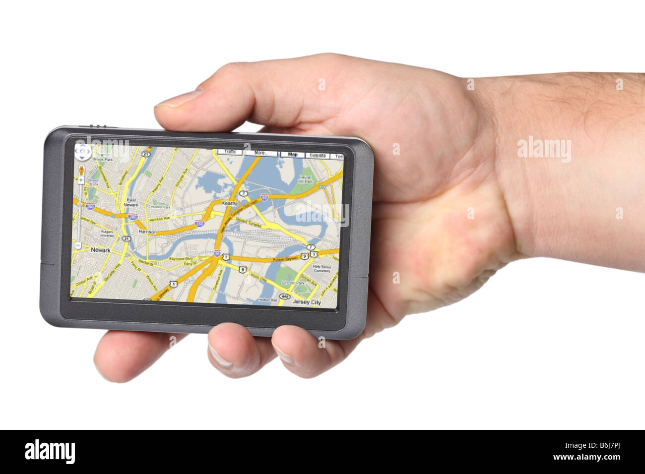 Dispositivo GPS portátil en la mano el recorte sobre fondo blanco. Foto de stock