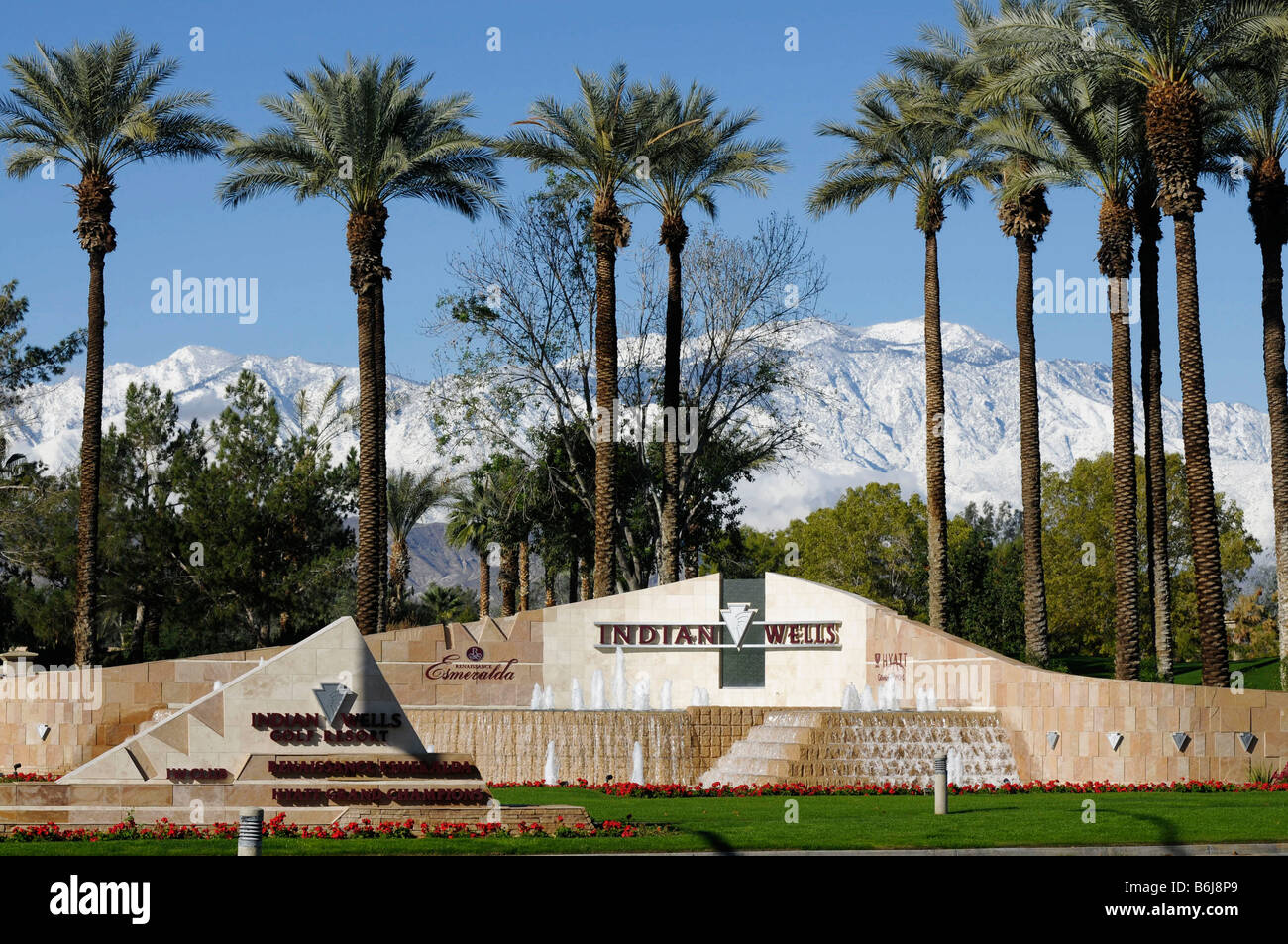 Entrada a Indian Wells golf resort cerca de Palm Springs, California Foto de stock
