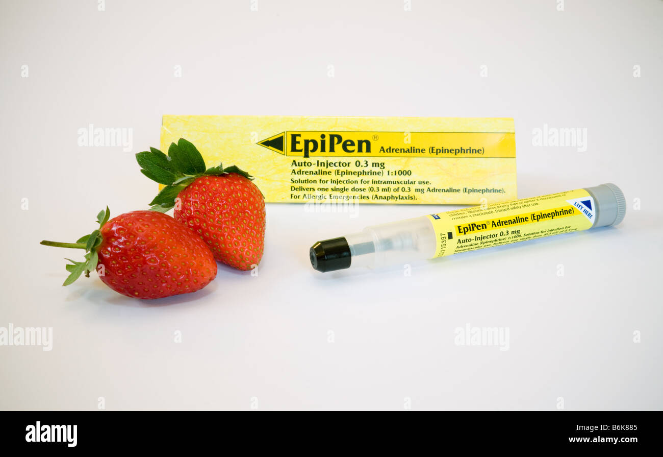 EpiPen ( inyector automático Adrenaline ), y fresas que ilustran la alergia  alimentaria, específicamente la alergia a la fresa Fotografía de stock -  Alamy
