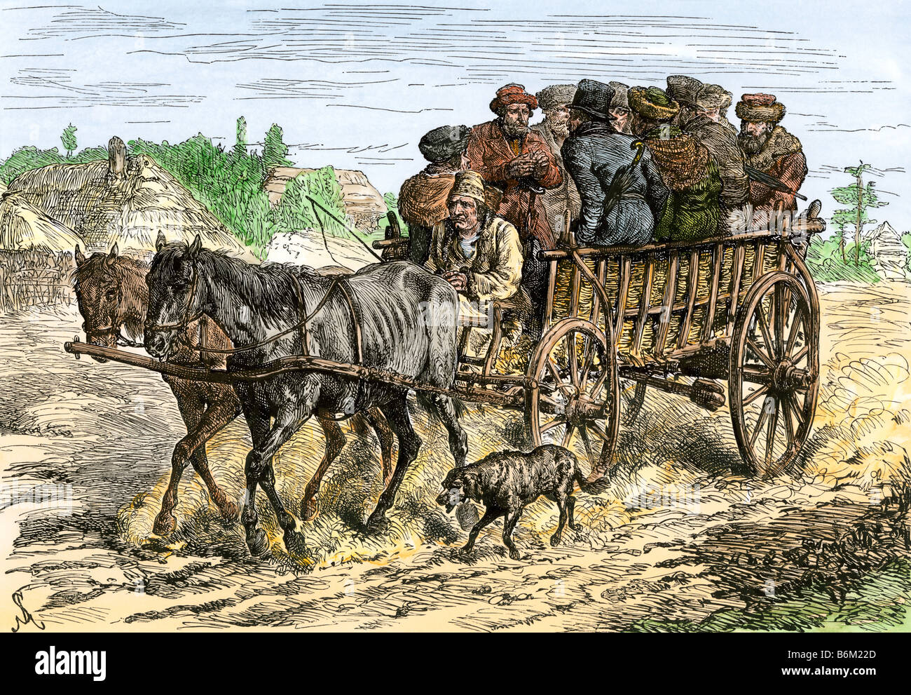 Judíos polacos viajan al mercado cerca de la frontera rusa circa 1880. Xilografía coloreada a mano Foto de stock