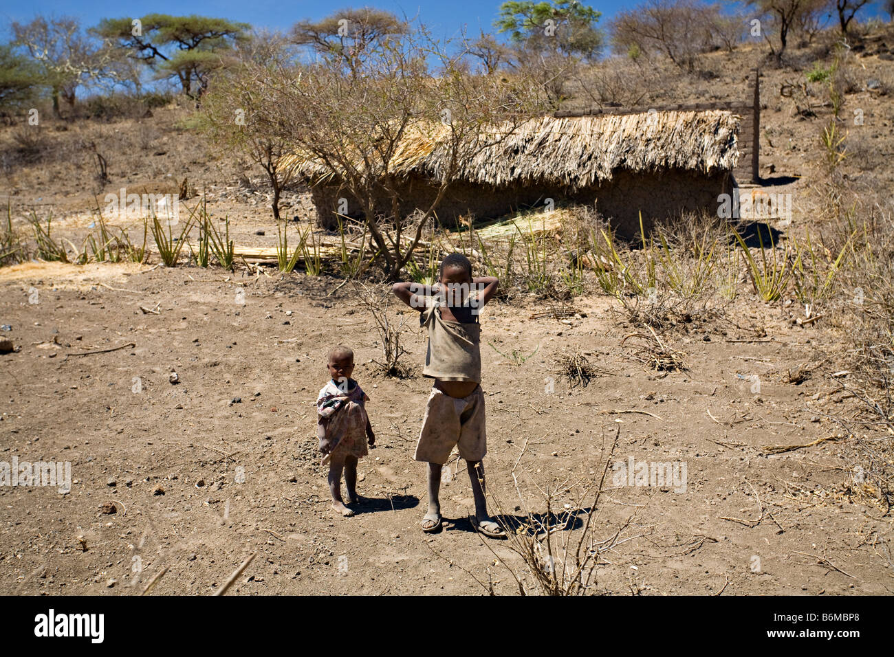 Los niños delante de la casa de la tribu hadzabe, lago Eyasi zona, Tanzania, África Foto de stock
