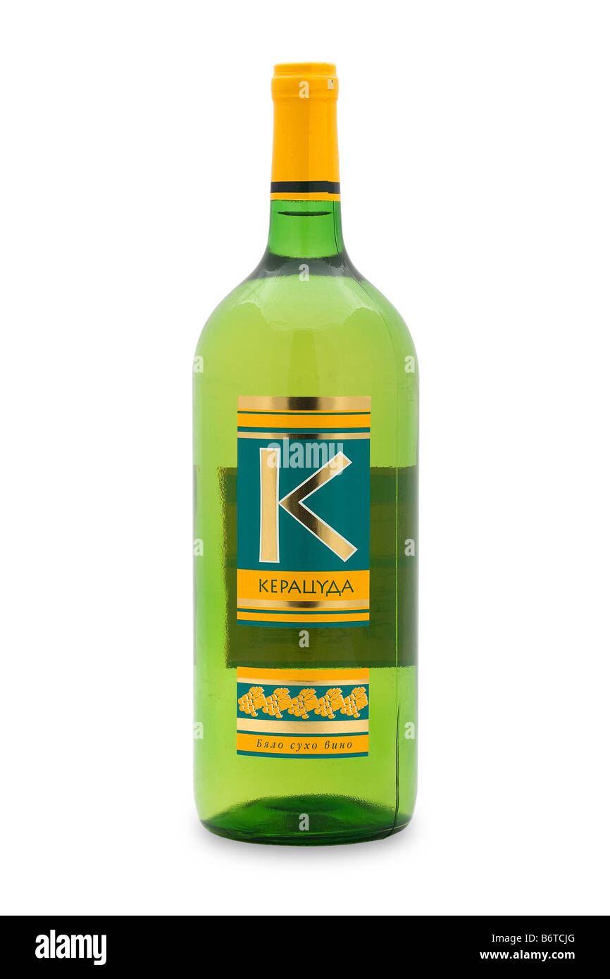 Bulgaria keracuda vino blanco seco de color dorado ámbar matices verdes de membrillo aroma a vainilla sabor durazno Foto de stock