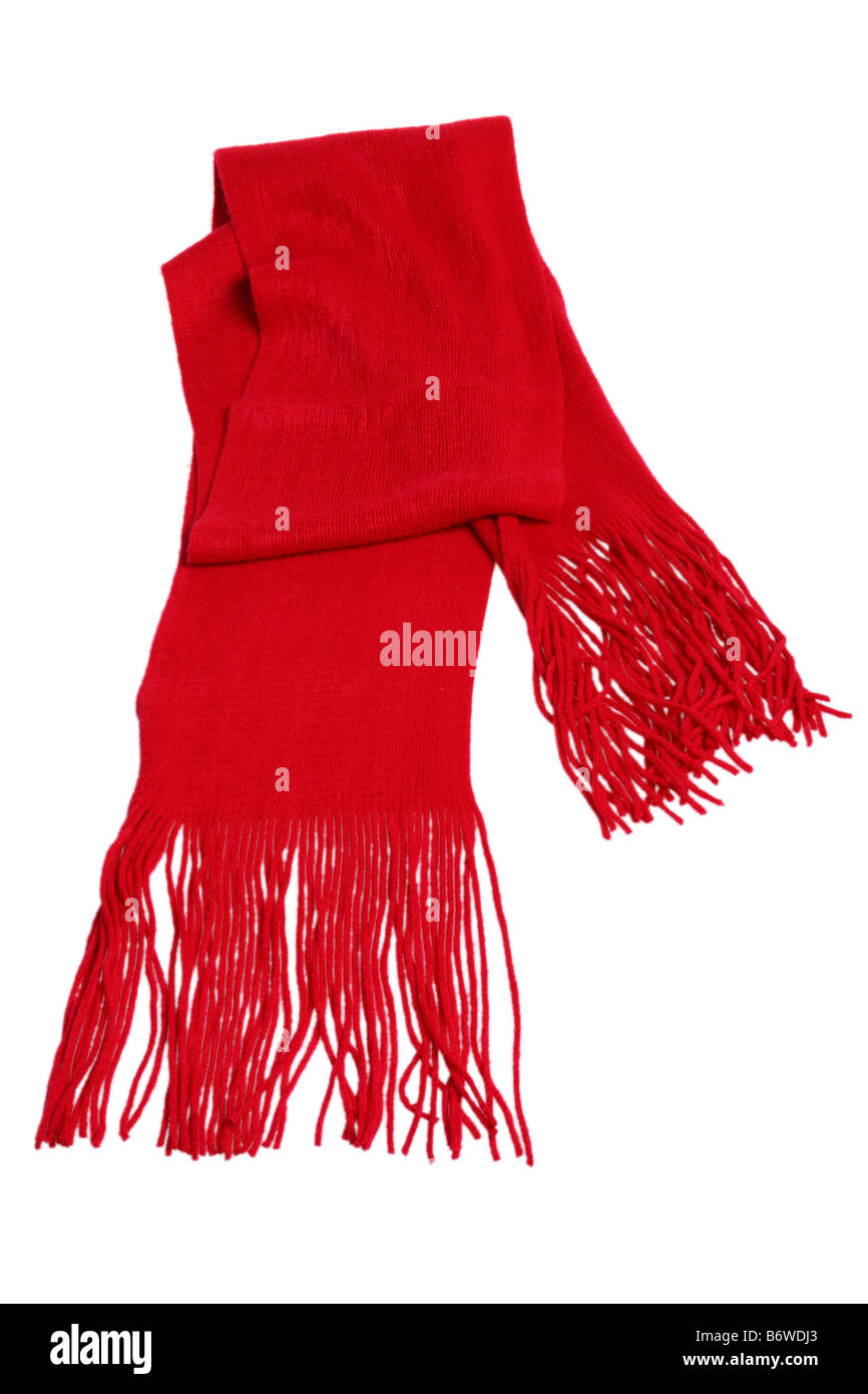 Bufanda de invierno rojo recorte aislado sobre fondo blanco. Foto de stock