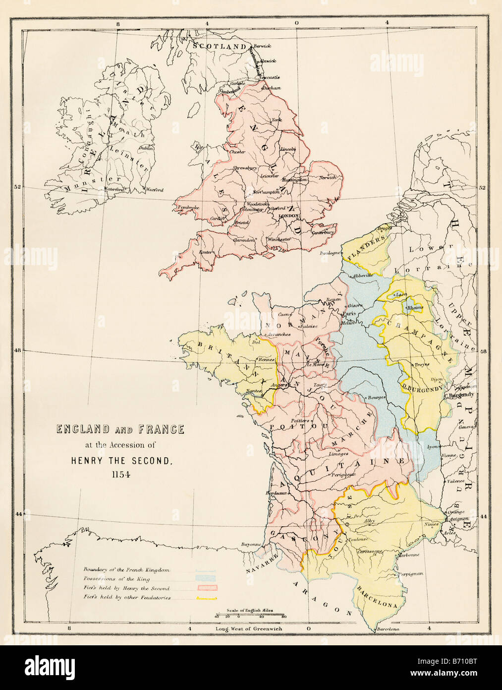 Inglaterra y Francia a la adhesión de Enrique II 1154. Litografía de color Foto de stock