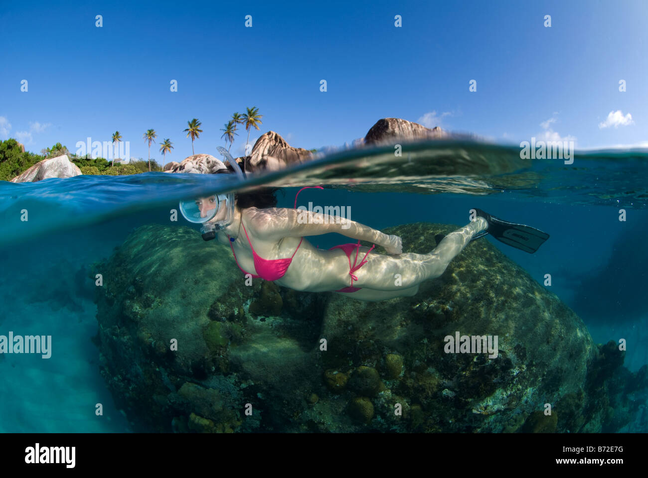 Snorkeling en Baños playa, Islas Vírgenes Británicas, hembra diver, máscara oval, bikini, agua azul, agua clara, snorkel, paradise Foto de stock