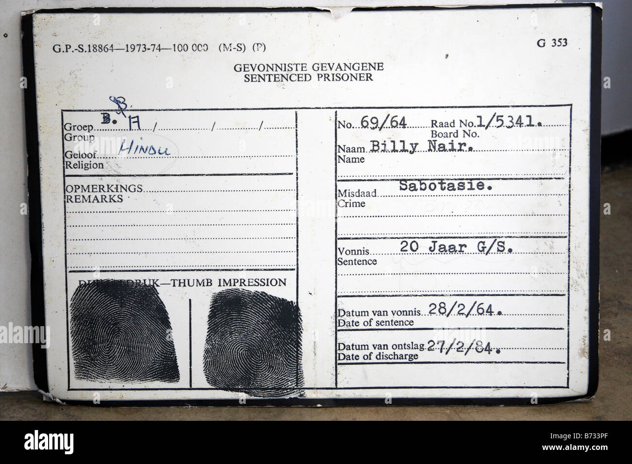 Tarjeta de registro de prisioneros ex recluso de una prisión de máxima seguridad de Robben Island Cape Town South Africa Foto de stock