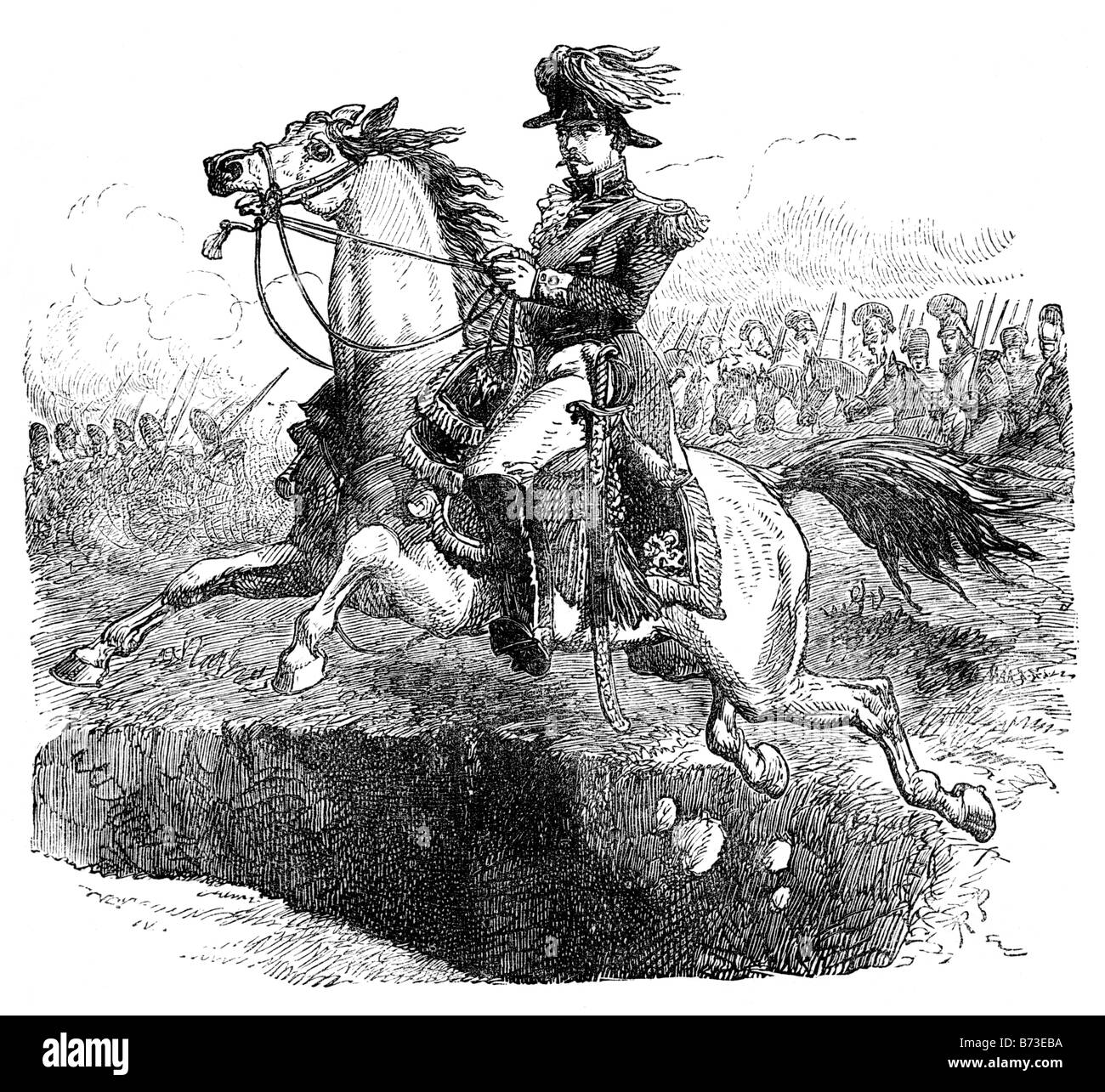 Col Elley de los 23rd Guardias Dragoon salta el Ravine Oculto durante el cargo en la Batalla de Talavera 26th de julio de 1809 Foto de stock