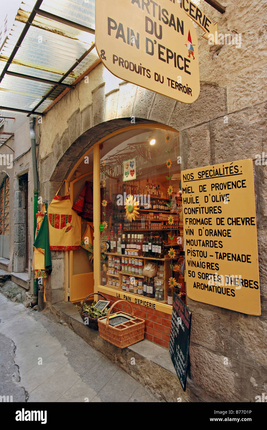 Tienda, Entrevaux, Alpes-de-Haute-Provence, Provence-Alpes-Côte d'Azur, en el sur de Francia, Francia, Europa, Francia, Europa Foto de stock