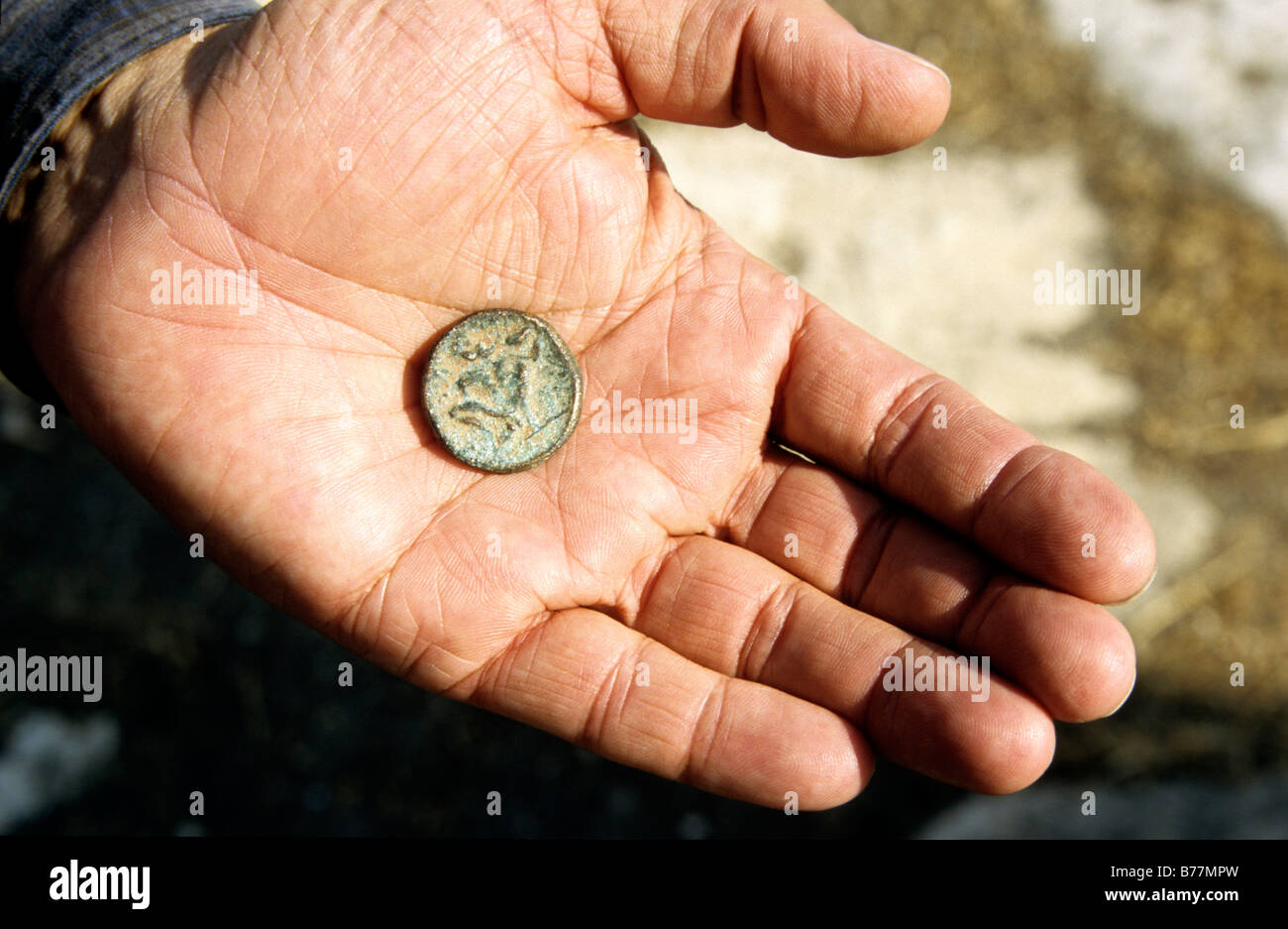 Moneda romana en la mano de un negro marketeer, Apamea, Siria, Oriente Medio Oriente Foto de stock