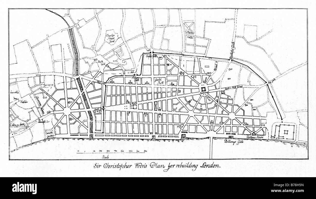 Wrens planes para la reconstrucción de Londres, elaborado por el arquitecto para el rey Carlos II tras el Gran Incendio aprobado pero nunca construidos Foto de stock