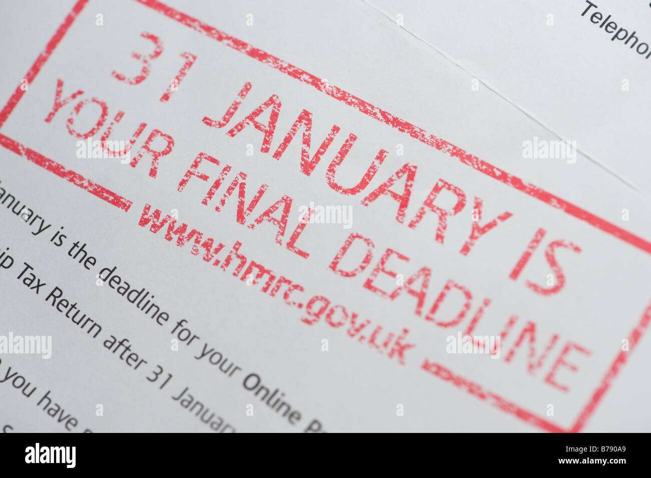 UK Inland Revenue recordatorio para pagar el impuesto a la renta por el 31 de enero, fecha límite final emitido por el HMRC Foto de stock