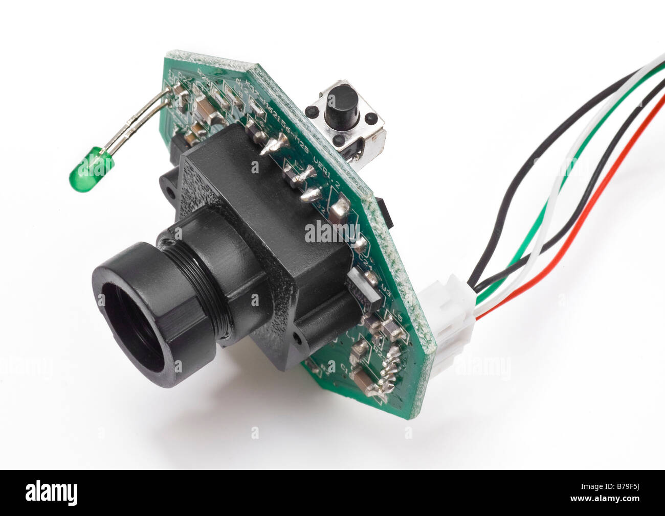 Detalle de la típica webcam CMOS sensor incorporado y el conjunto de lentes Foto de stock