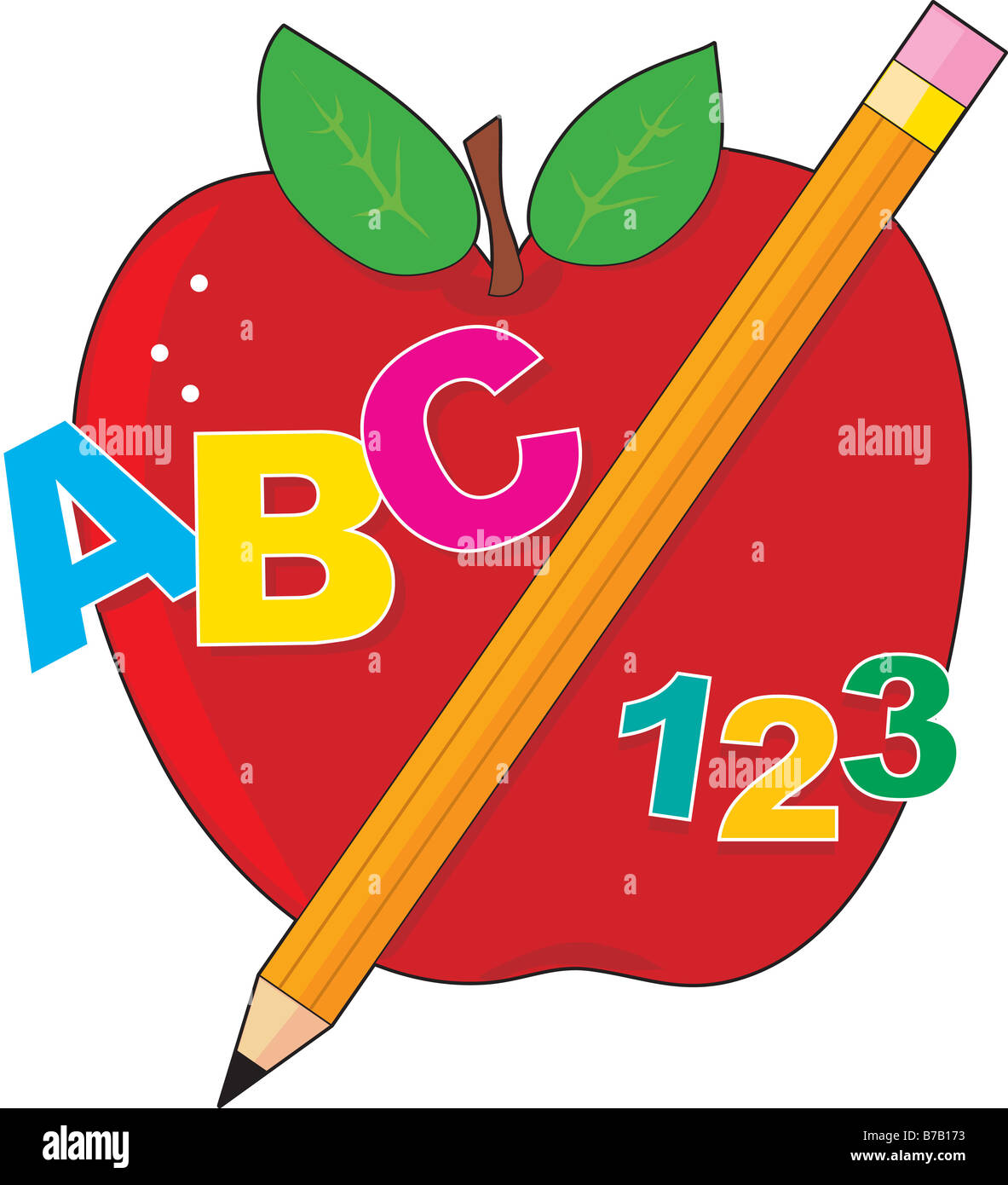Una manzana roja con un lápiz el alfabeto y números Foto de stock