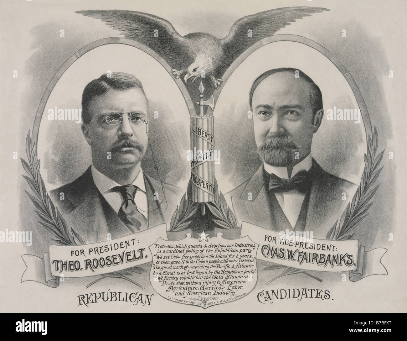Los candidatos republicanos. Para el Presidente, Theo. Roosevelt. Para el Vicepresidente, Chas. W. Fairbanks Foto de stock