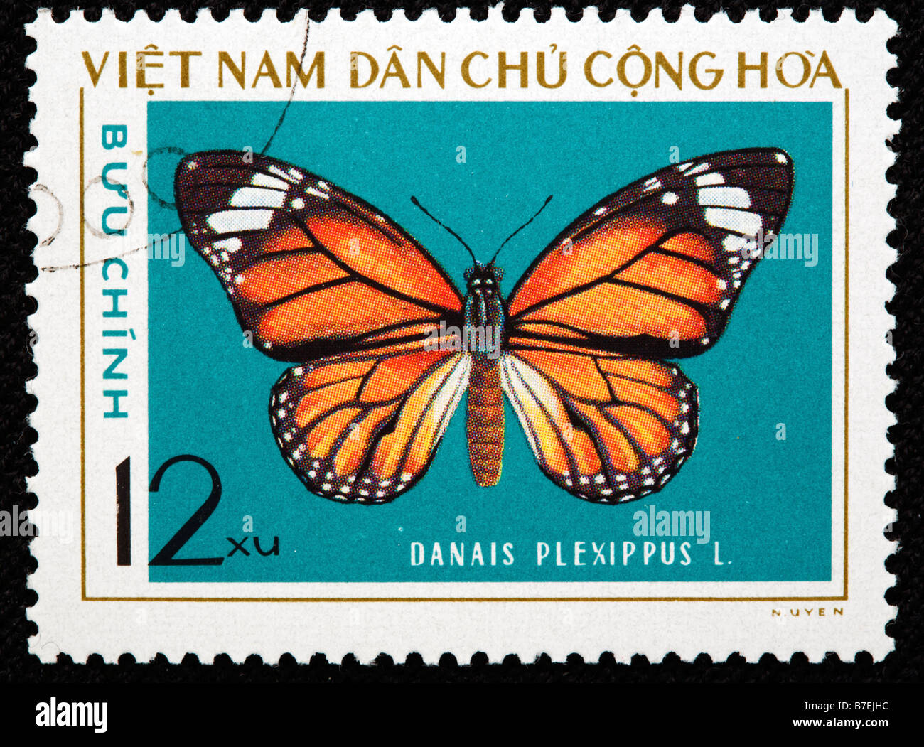 Monarca, Danaus plexippus, mariposas, sellos, Vietnam, 1976 Foto de stock